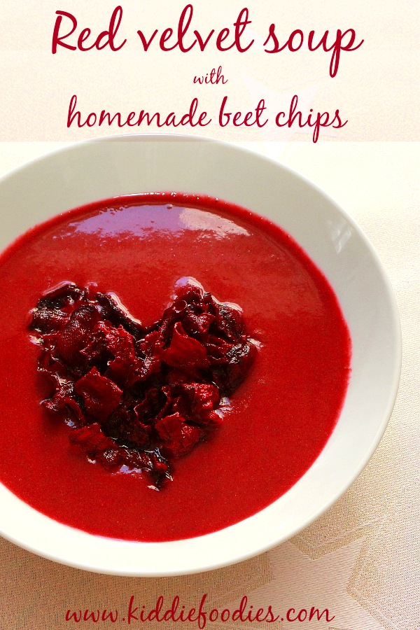 This Red Velvet Soup with Homemade Beet Chips by Kiddie Foodies is a Valentine's recipes that you simply cannot miss!
