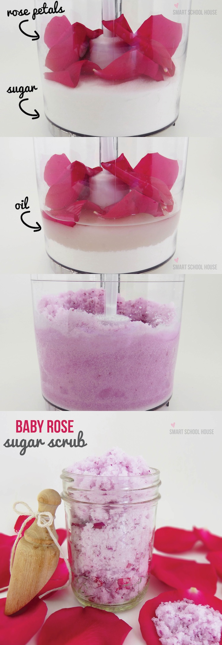 A simple DIY sugar scrub that you can make with the leftover petals from a bouquet of roses! Baby Rose Sugar Scrub #DIY #SugarScrub
