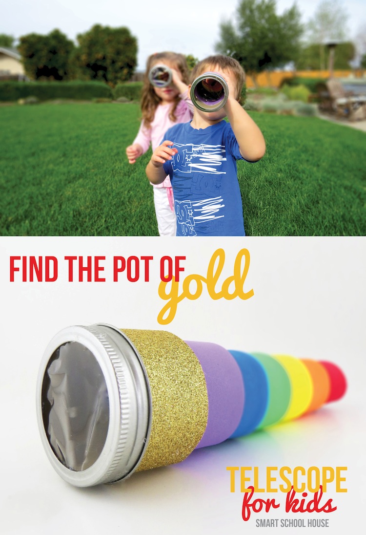 How to make a telescope to find the pot of gold! A rainbow, leprechaun, four leaf clover finding telescope for kids! Helps kids find anything you can image or set out to see